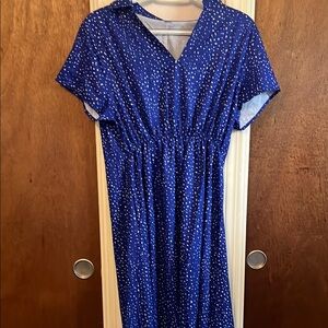 Blue midi sundress with V-neck short sleeves